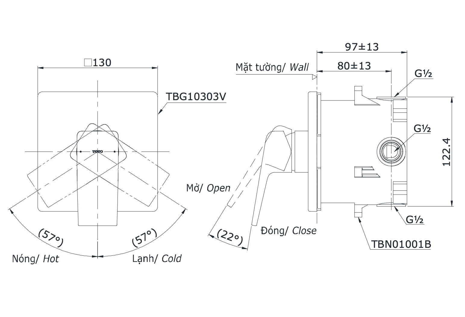  Van gật gù điều chỉnh nóng lạnh kèm phụ kiện âm tường TBG10303VA/TBN01001B 