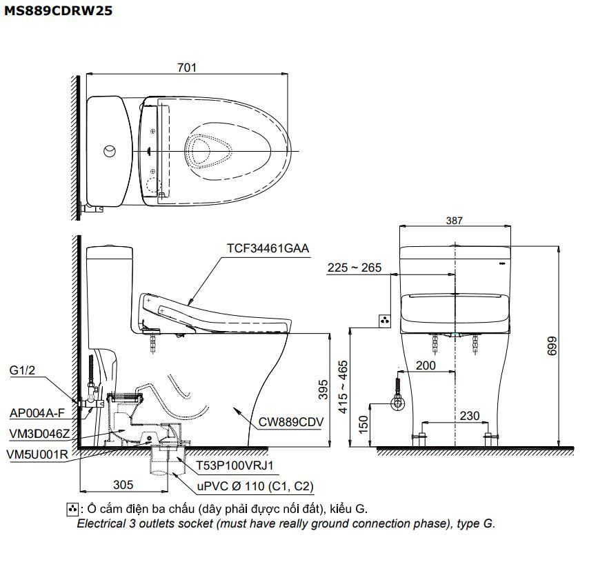  Bàn cầu điện tử TOTO MS889CDRW25#XW 