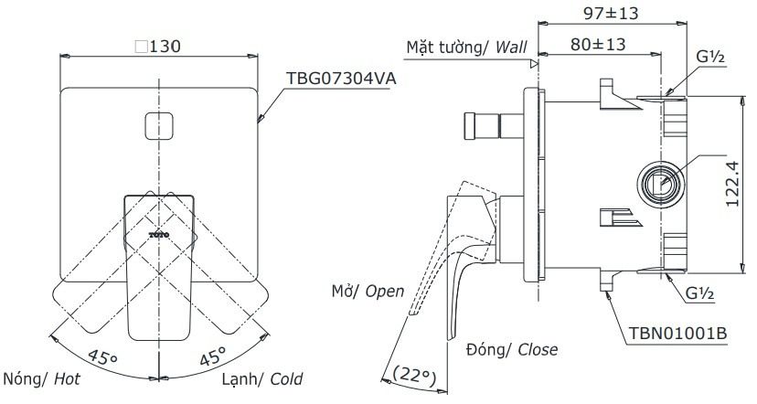  Van gật gù điều chỉnh nóng lạnh GE kèm nút chuyển hướng và phụ kiện âm tường TBG07304VA/TBN01001B 