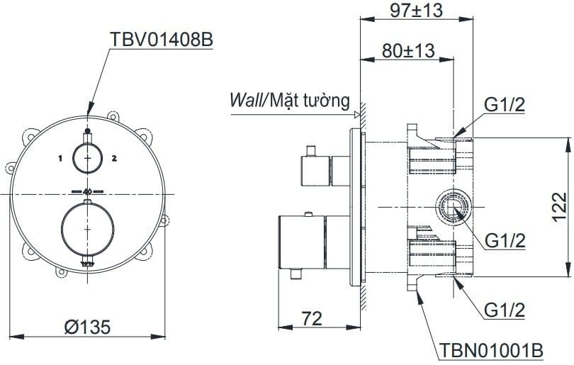  Van điều chỉnh nhiệt độ kèm van dừng và phụ kiện âm tường TOTO TBV01408B/TBN01001B 