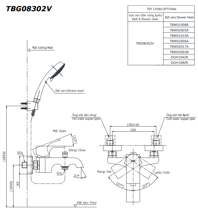 Bộ sen tắm nóng lạnh TOTO TBG08302VA/TBW15CE0A 
