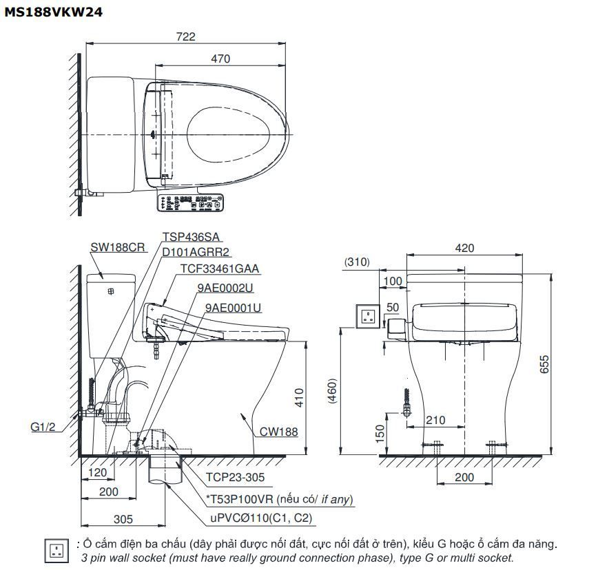  Bàn cầu điện tử TOTO MS188VKW24#XW/T53P100VR 