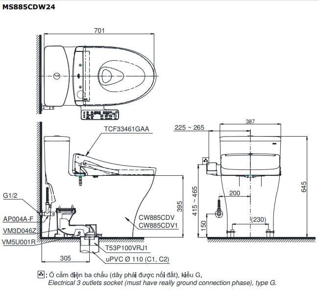  Bàn cầu điện tử TOTO MS885CDW24#XW 