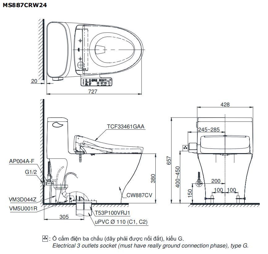  Bàn cầu điện tử TOTO MS887CRW24#XW 