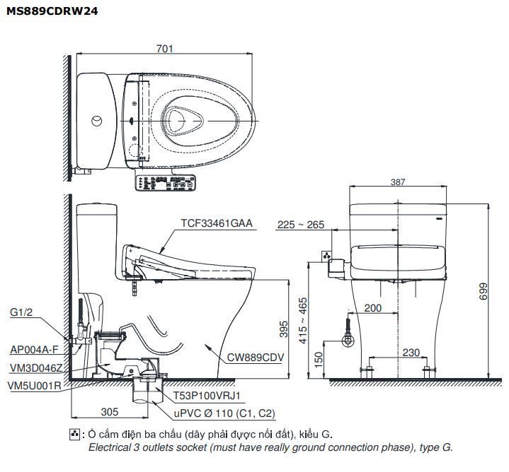  Bàn cầu điện tử TOTO MS889DRW24#XW 