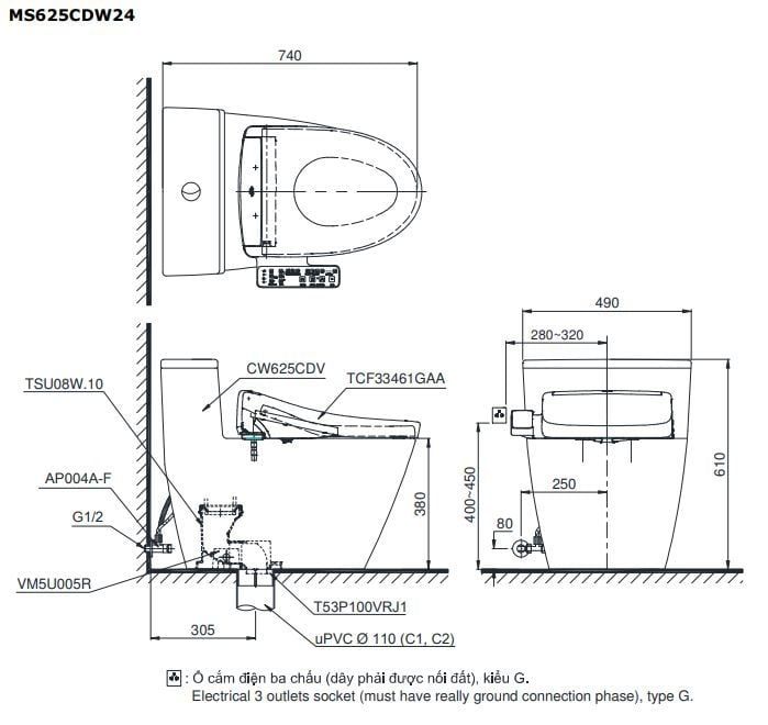  Bàn cầu điện tử TOTO MS625CDW24#XW 