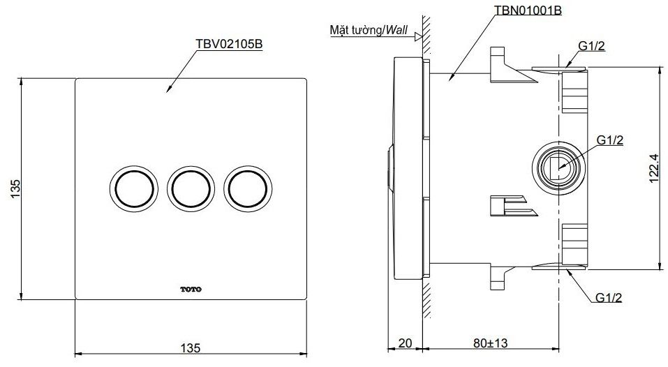  Van chuyển hướng kèm phụ kiện âm tường TOTO TBV02105B/TBN01001B 