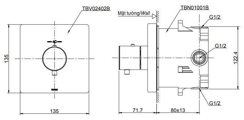  Van điều chỉnh nhiệt độ dùng cho loại nút nhấn, kèm phụ kiện âm tường TOTO TBV02402B/TBN01001B 