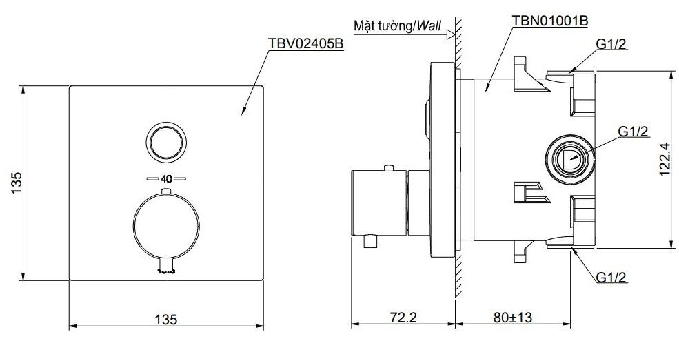  Van điều chỉnh nhiệt độ kèm van dừng và phụ kiện âm tường TOTO TBV02405B/TBN01001B 