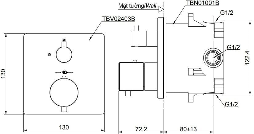  Van điều chỉnh nhiệt độ kèm van dừng và phụ kiện âm tường TOTO TBV02403B/TBN01001B 