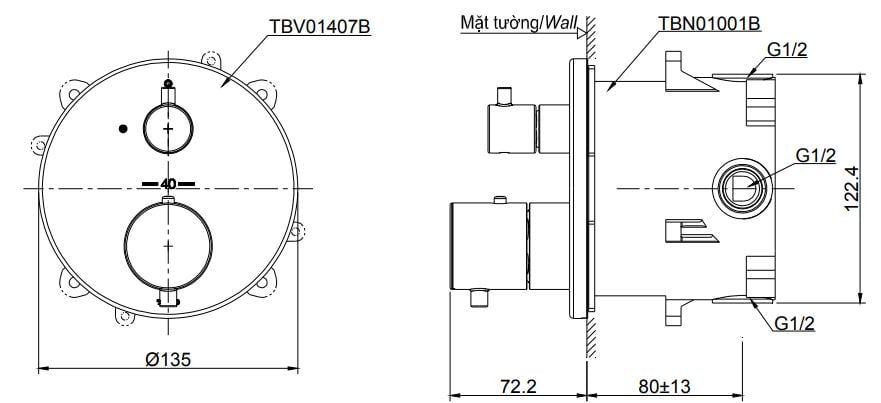 Van điều chỉnh nhiệt độ kèm van dừng và phụ kiện âm tường TOTO TBV01407B/TBN01001B 