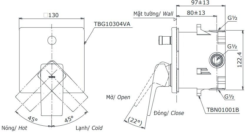  Van gật gù điều chỉnh nóng lạnh GB kèm nút chuyển hướng và phụ kiện âm tường TOTO TBG10304VA/TBN01001B 