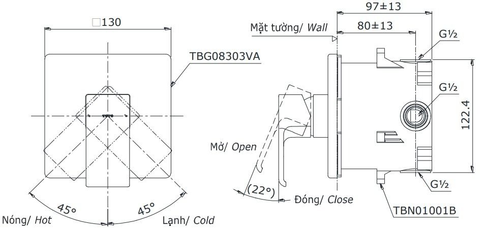  Van gật gù điều chỉnh nóng lạnh GC kèm phụ kiện âm tường TOTO TBG08303VA/TBN01001B 