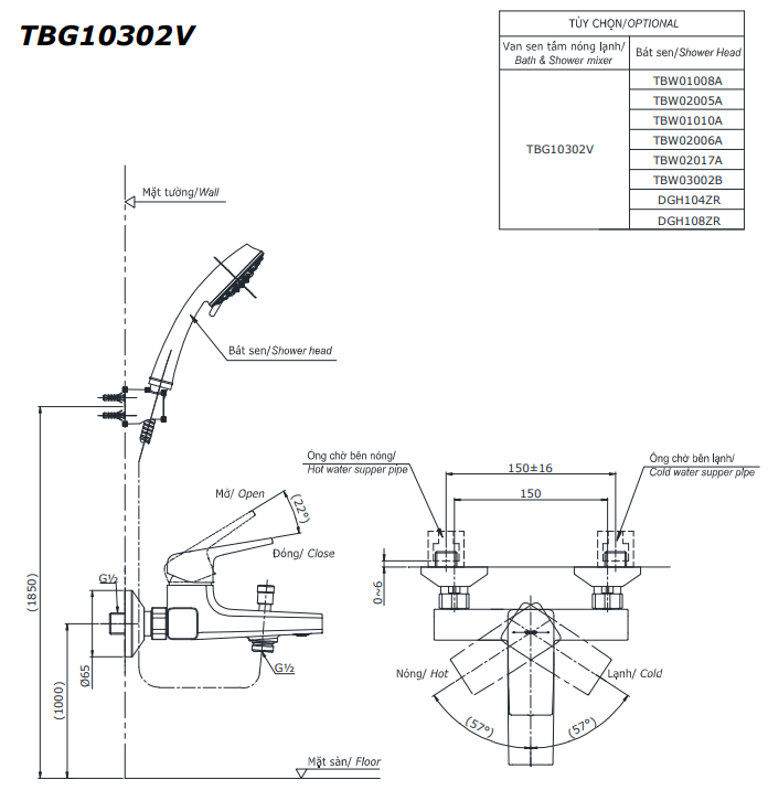  Bộ sen tắm nóng lạnh TOTO TBG01302VA/TBW15CE0A 