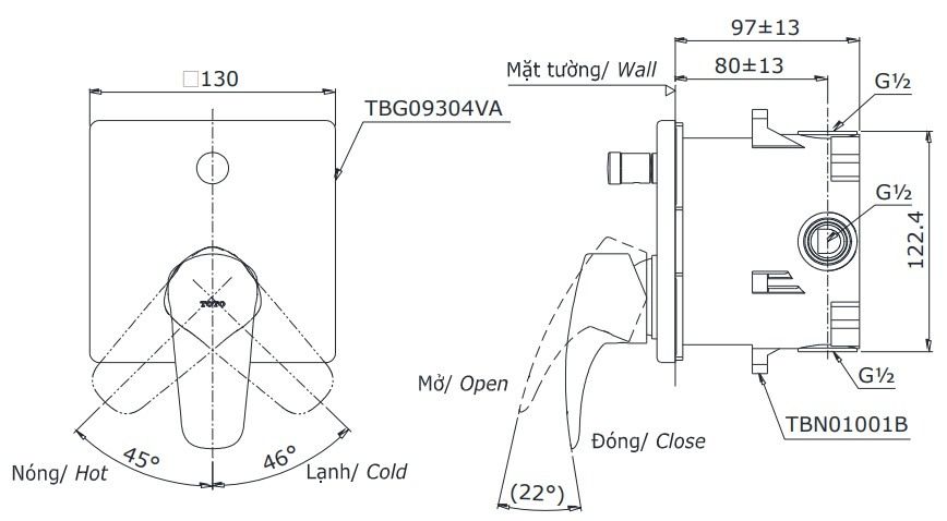  Van gật gù điều chỉnh nóng lạnh GM kèm nút chuyển hướng và phụ kiện âm tường TBG09304VA/TBN01001B 