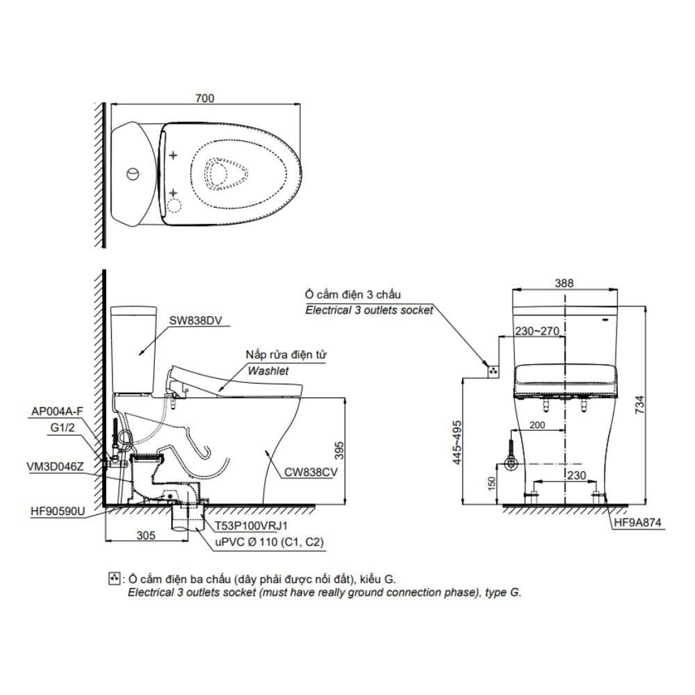  Bàn cầu điện tử TOTO CS838CDW25#XW 