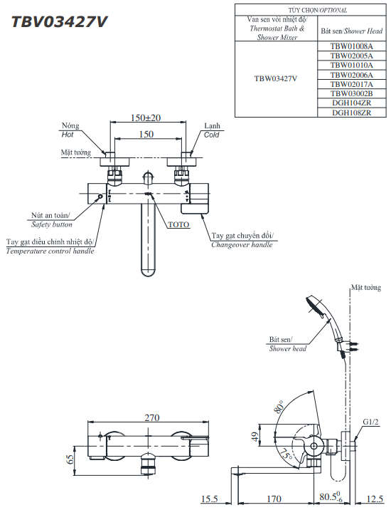  Bộ sen tắm nóng lạnh TOTO TBV03427V/TBW15CE0A 