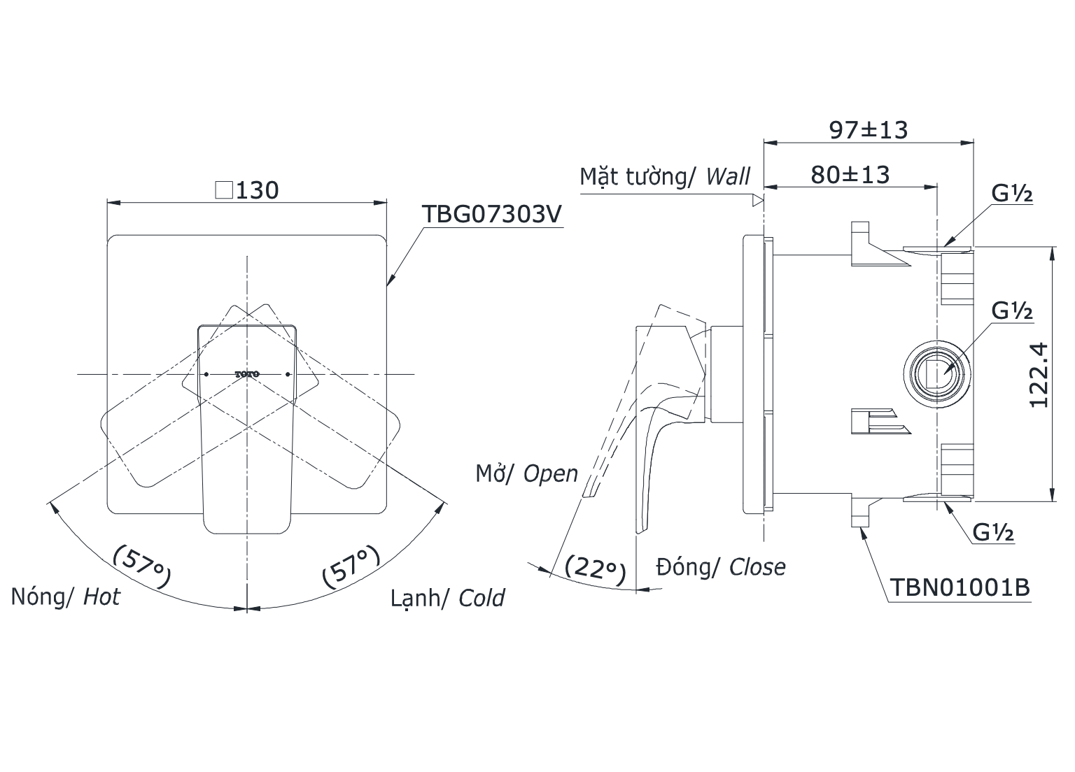  Van gật gù điều chỉnh nóng lạnh GE kèm nút chuyển hướng và phụ kiện âm tường TBG07303VA/TBN01001B 