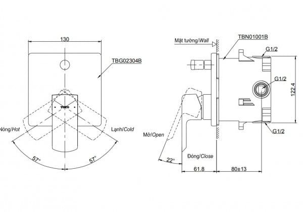  Van gật gù điều chỉnh nóng lạnh kèm nút chuyển hướng và phụ kiện âm tường TOTO TBG02304BA/TBN01001B 