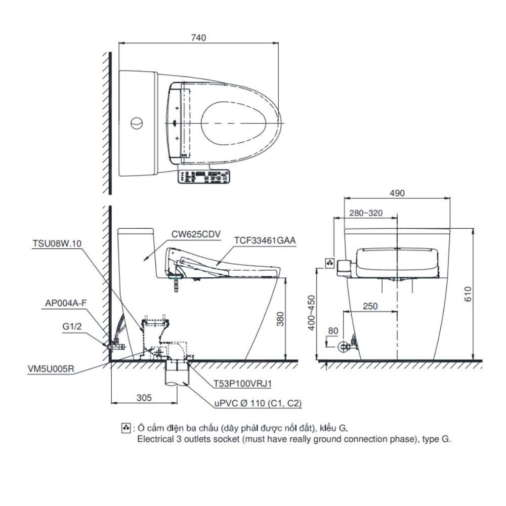  Bàn cầu điện tử TOTO MS625DW24#XW 