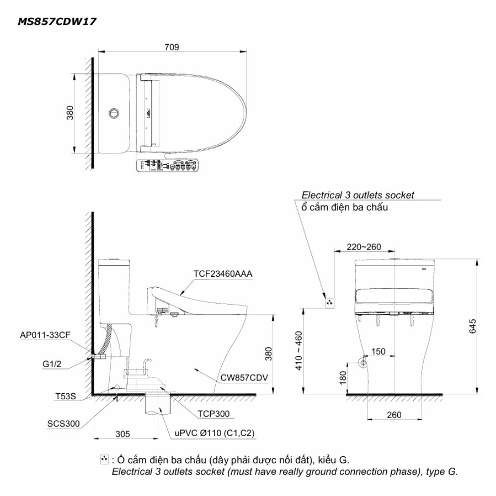  Bàn cầu điện tử TOTO MS857CDW17#XW 