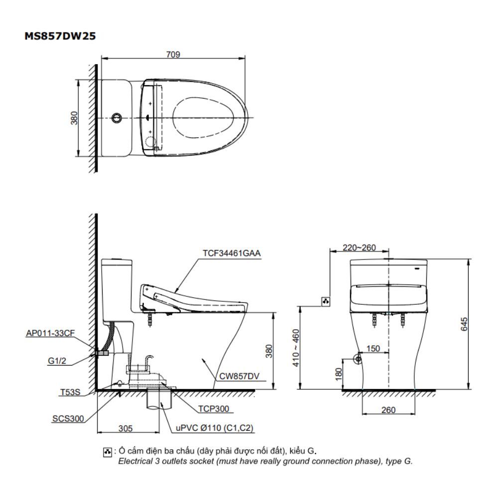  Bàn cầu điện tử TOTO MS857DW25#XW 