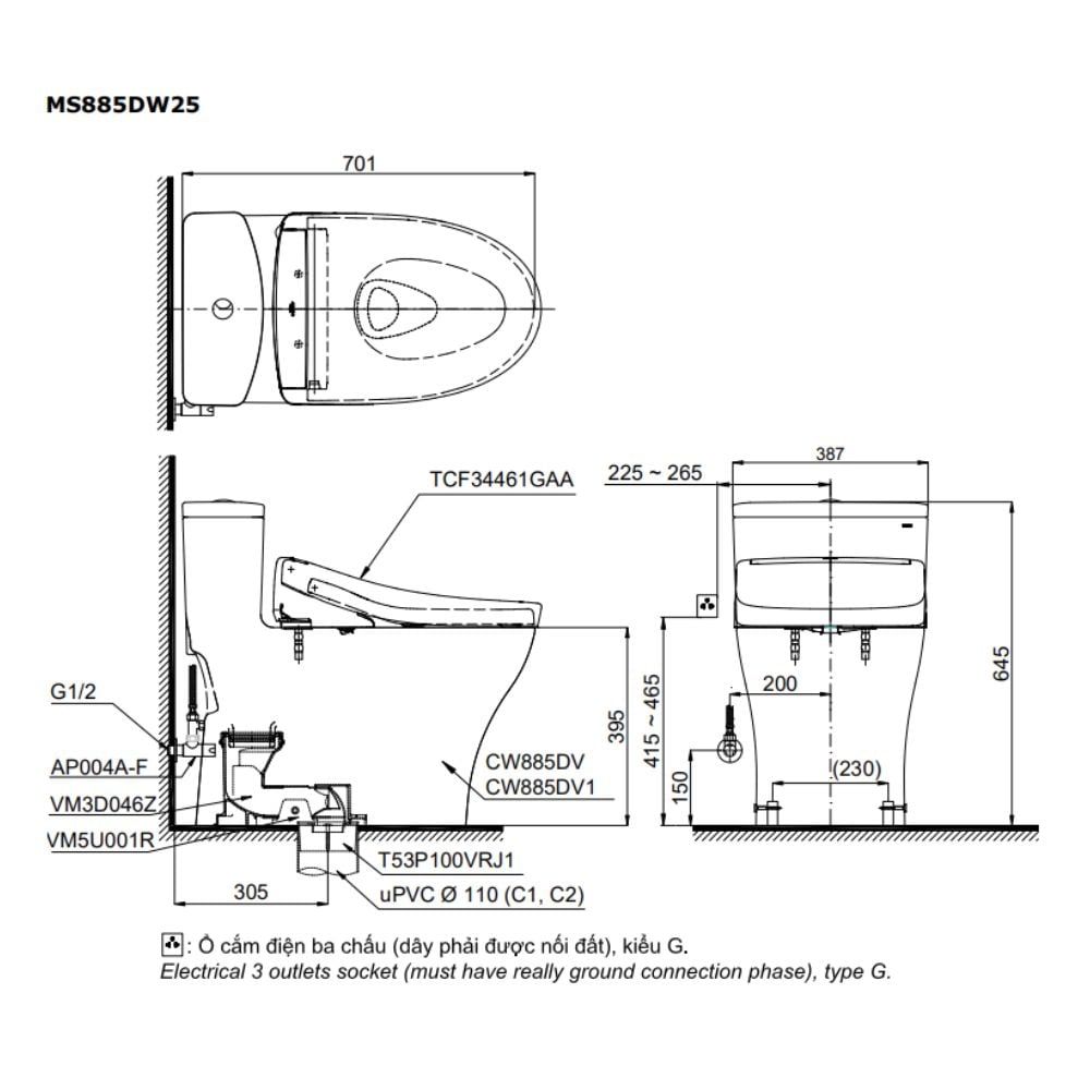  Bàn cầu điện tử TOTO MS885DW25#XW 
