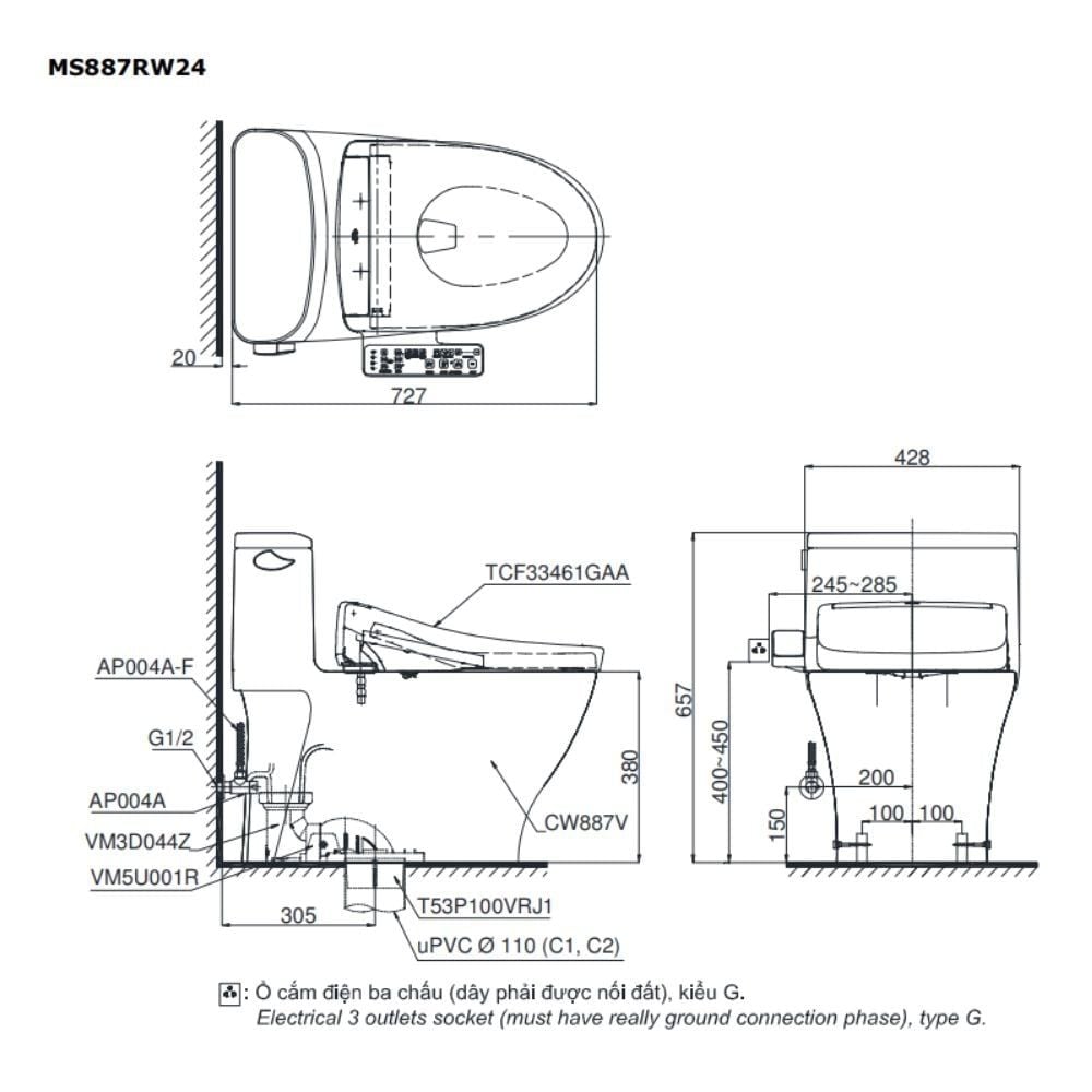  Bàn cầu điện tử TOTO MS887RW24#XW 
