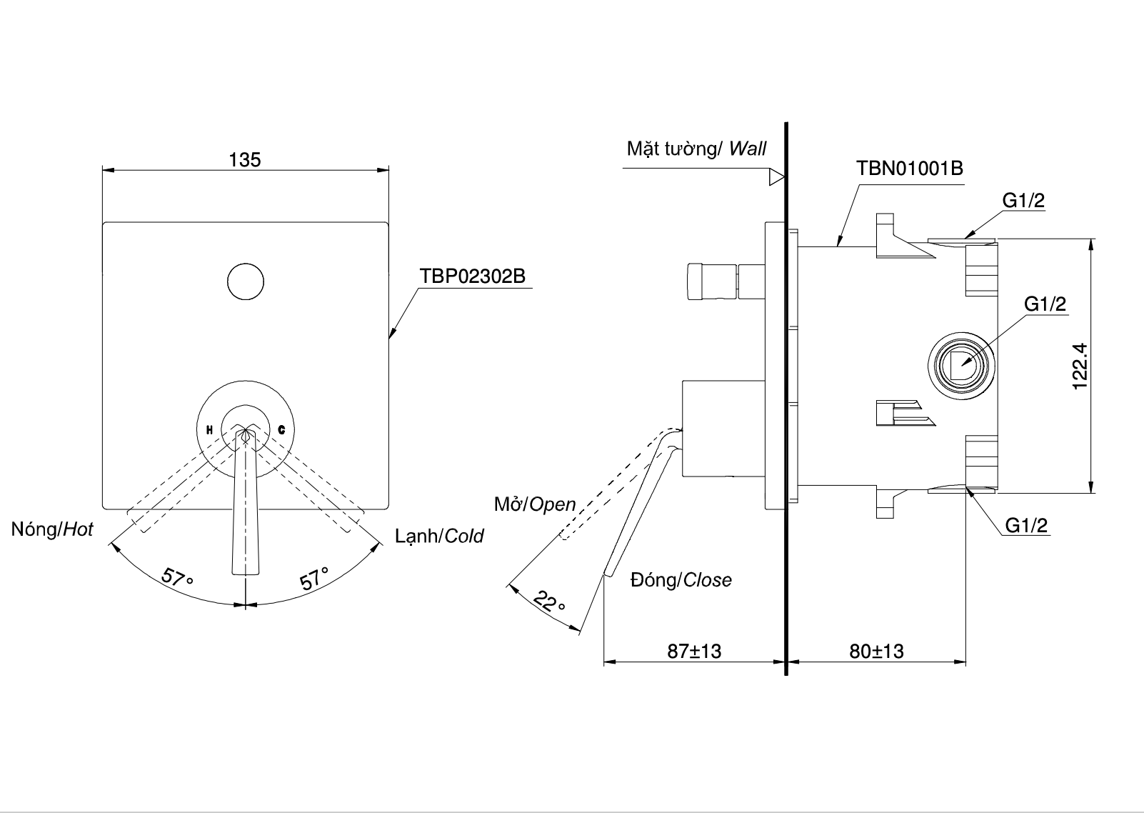  Van gật gù điều chỉnh nóng lạnh kèm nút chuyển hướng và phụ kiện âm tường TOTO TBP02302BA/TBN01001B​​​​​​​ 
