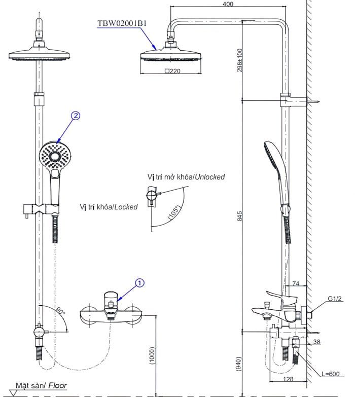  Bộ sen cây nóng lạnh TOTO TBW02001BA/TBG04302VA/TBW02005V 