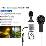  Máy đo môi trường đa năng YIERYI ET-965 – 5 trong 1 đo gió, nhiệt độ, độ ẩm, ánh sáng, âm thanh chính xác 