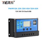  YIERYI BSY Series 10A–60A | Bộ Điều Khiển Sạc Năng Lượng Mặt Trời PWM LCD Dual USB 12V/24V 