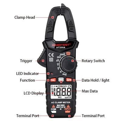  Ampe Kìm Kỹ Thuật Số Habotest HT200A 2000 Counts – Kẹp Dòng AC 200A, Đo AC/DC 600V 