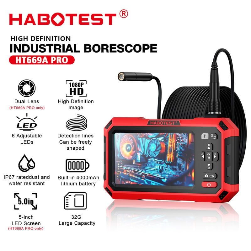  Camera Nội Soi Công Nghiệp Habotest HT669A PRO – Màn Hình 5 inch, Dual Lens, 7mm 