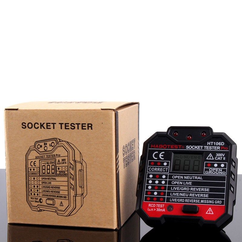  Thiết Bị Kiểm Tra Ổ Cắm Habotest HT106D 48–250V – LCD, RCD/GFCI, Kiểm Tra Đấu Dây 