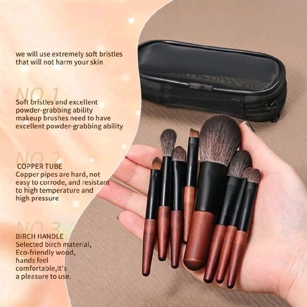 Bộ Cọ Trang Điểm 10 Cây Cán Ngắn Kèm Bao Da (Đen/Hồng)