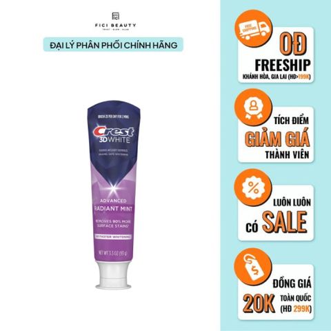 Kem Đánh Răng Làm Trắng Răng, Sạch Mảng Bám Crest 3D White Advanced Radiant Mint