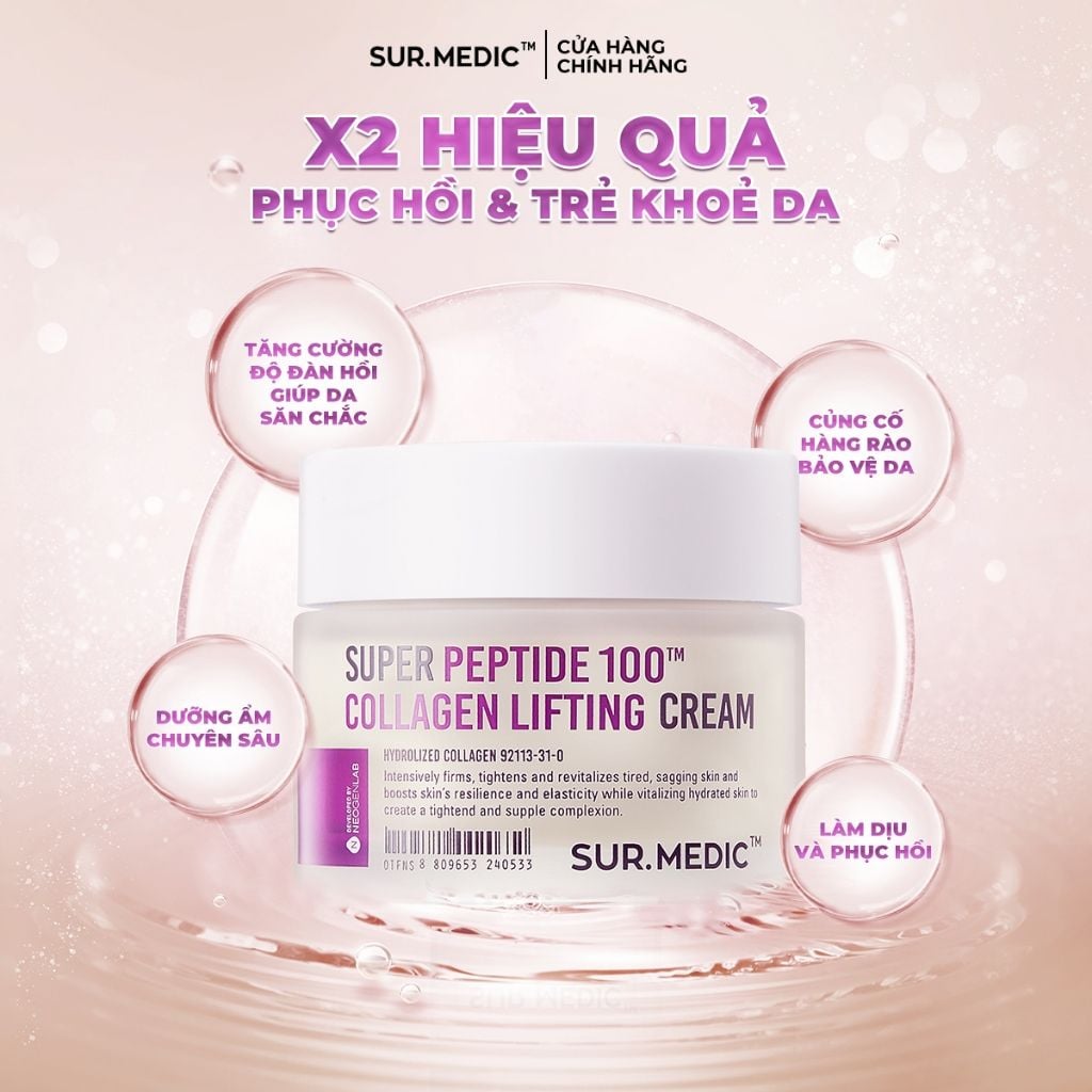 Kem Dưỡng Sur.Medic+ Hỗ Trợ Nâng Cơ, Cải Thiện Độ Đàn Hồi, Căng Mịn Super Peptide 100 Collagen Lifting Cream