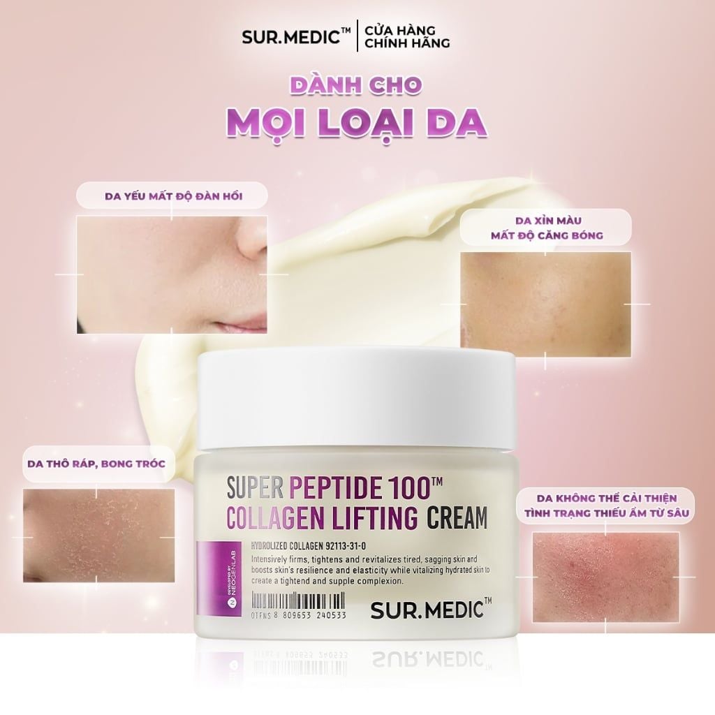 Kem Dưỡng Sur.Medic+ Hỗ Trợ Nâng Cơ, Cải Thiện Độ Đàn Hồi, Căng Mịn Super Peptide 100 Collagen Lifting Cream