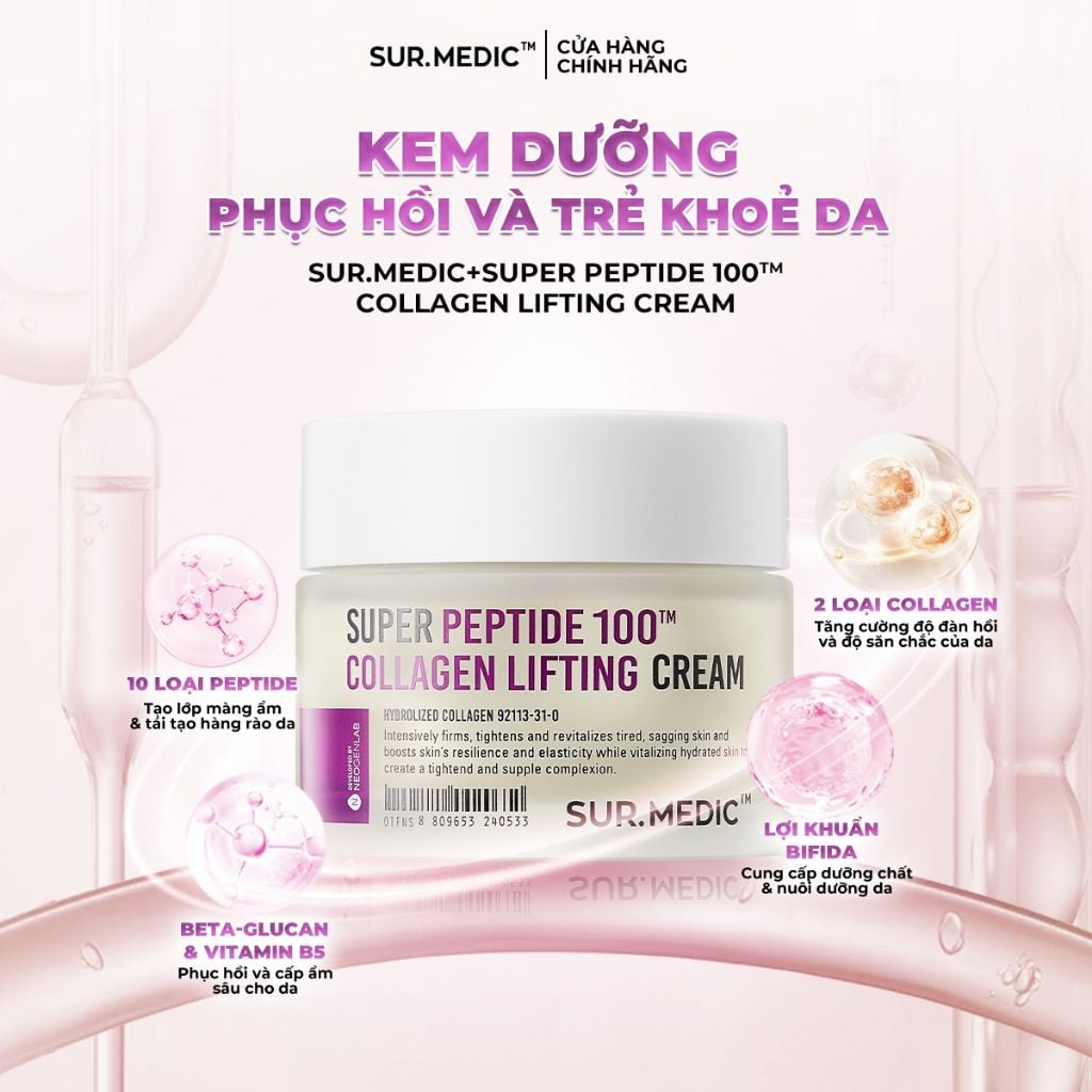 Kem Dưỡng Sur.Medic+ Hỗ Trợ Nâng Cơ, Cải Thiện Độ Đàn Hồi, Căng Mịn Super Peptide 100 Collagen Lifting Cream