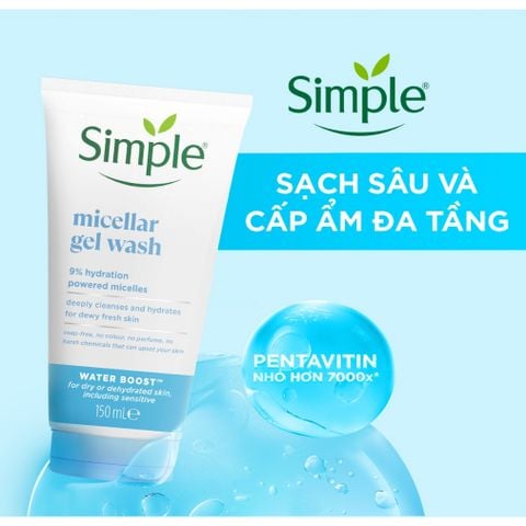 Gel rửa mặt Simple Water Boost cấp ẩm cho da khô Micellar Facial Gel Wash 150ml