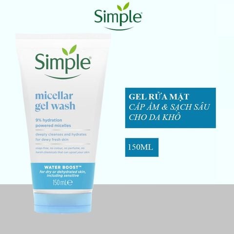 Gel rửa mặt Simple Water Boost cấp ẩm cho da khô Micellar Facial Gel Wash 150ml