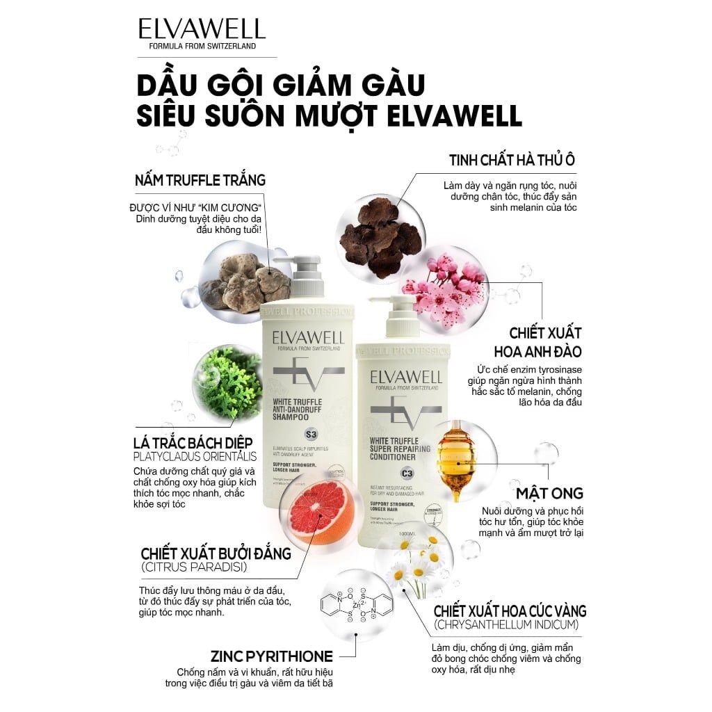 Cặp gội xả Elvawell giúp hỗ trợ làm sạch bong tróc, vảy gàu, vi nấm 500ml (trắng)