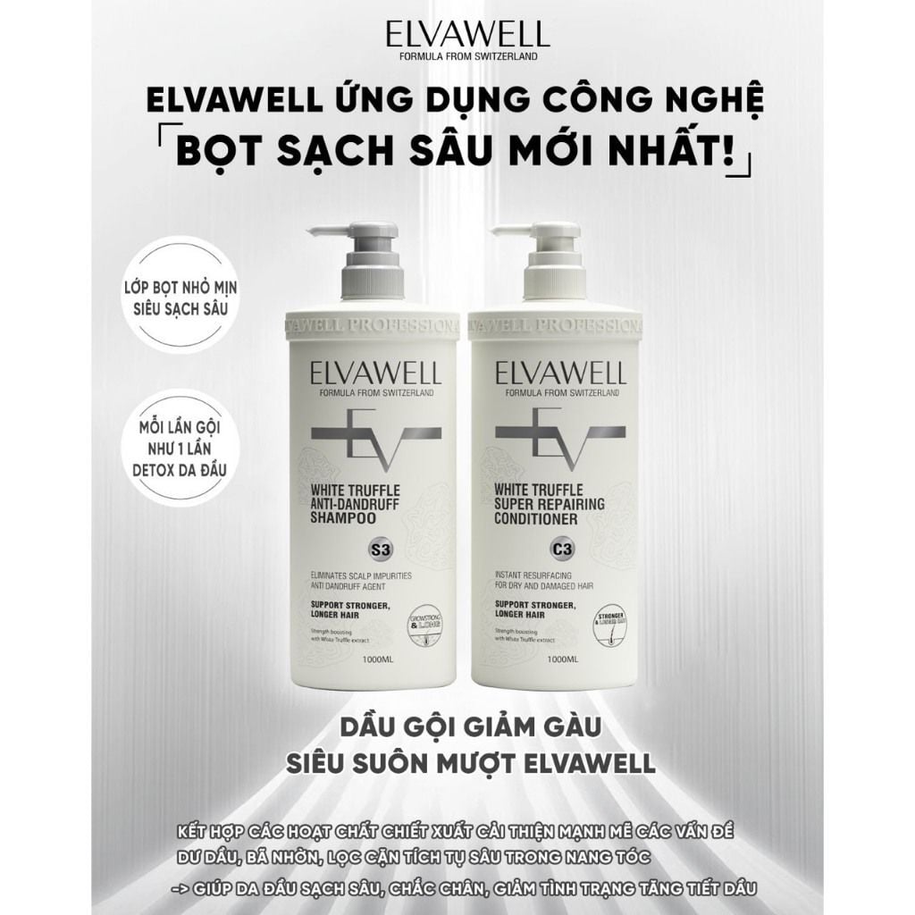 Cặp gội xả Elvawell giúp hỗ trợ làm sạch bong tróc, vảy gàu, vi nấm 500ml (trắng)