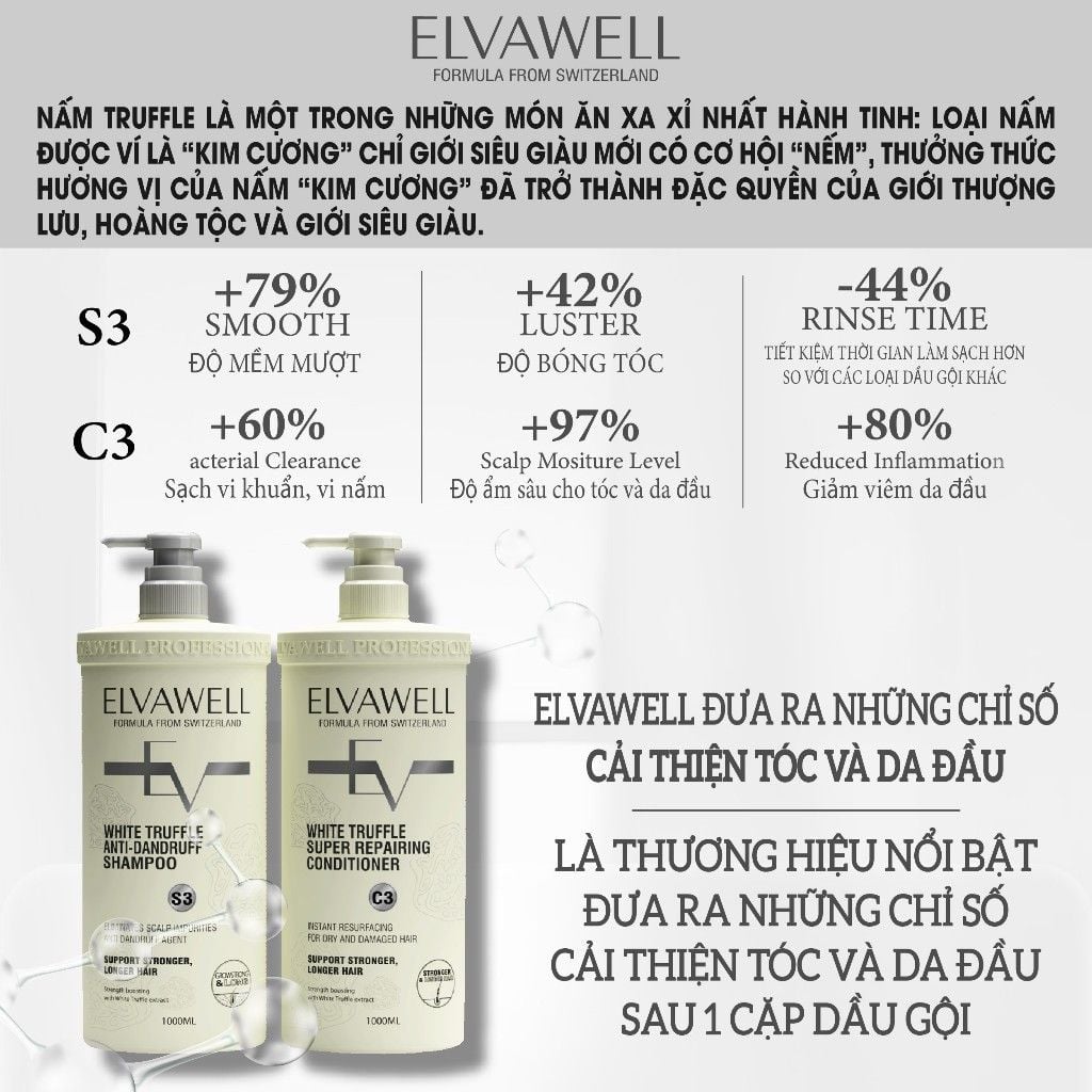 Cặp gội xả Elvawell giúp hỗ trợ làm sạch bong tróc, vảy gàu, vi nấm 500ml (trắng)