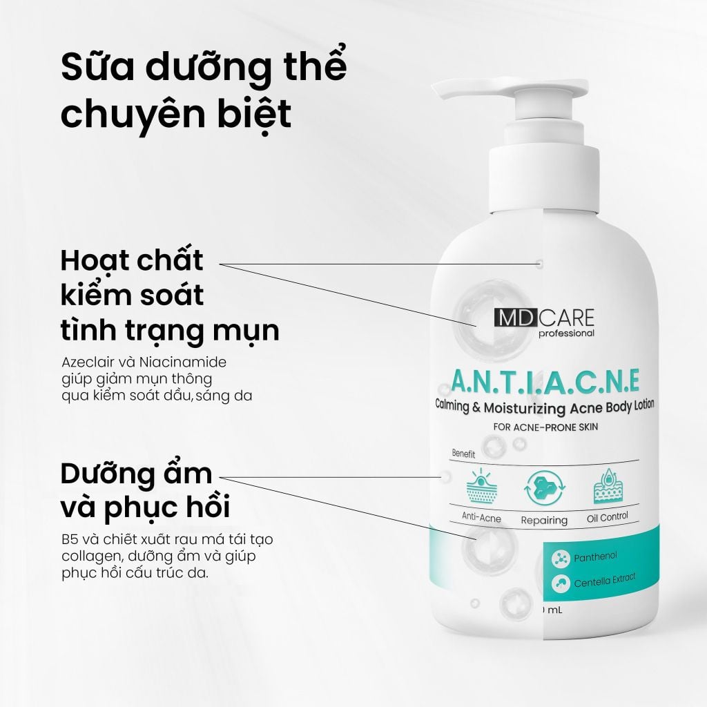 Sữa Dưỡng Thể Dành Cho Da Mụn MD CARE Anti Acne Calming & Moisturizing Acne Body Lotion 200Ml