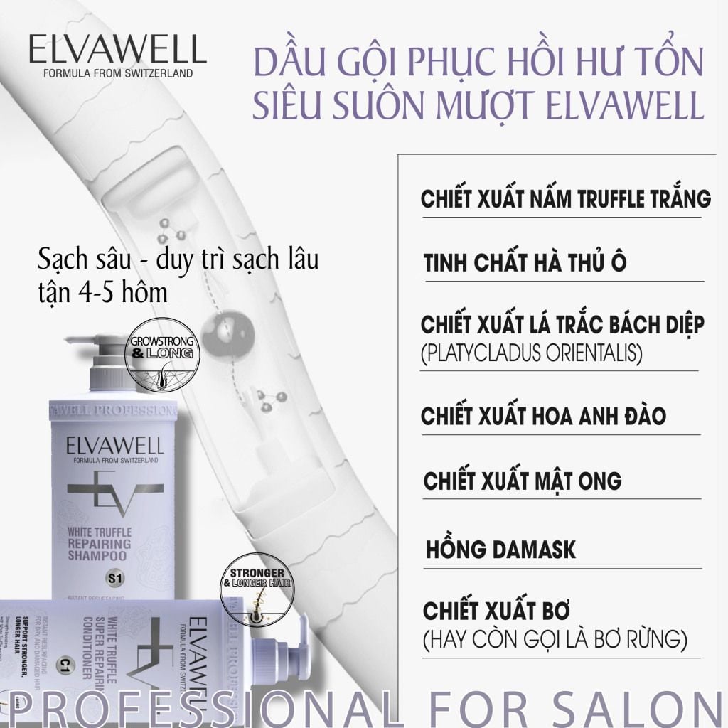 Cặp gội xả phục hồi hư tổn siêu suôn mượt Elvawell 500ml (tím)