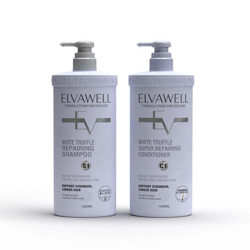 Cặp gội xả phục hồi hư tổn siêu suôn mượt Elvawell 500ml (tím)