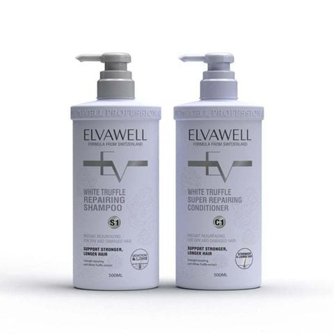 Cặp gội xả phục hồi hư tổn siêu suôn mượt Elvawell 500ml (tím)