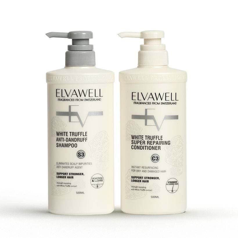 Cặp gội xả Elvawell giúp hỗ trợ làm sạch bong tróc, vảy gàu, vi nấm 500ml (trắng)